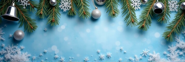 Festive christmas border with silver bells and snowflakes on blue background for holiday design