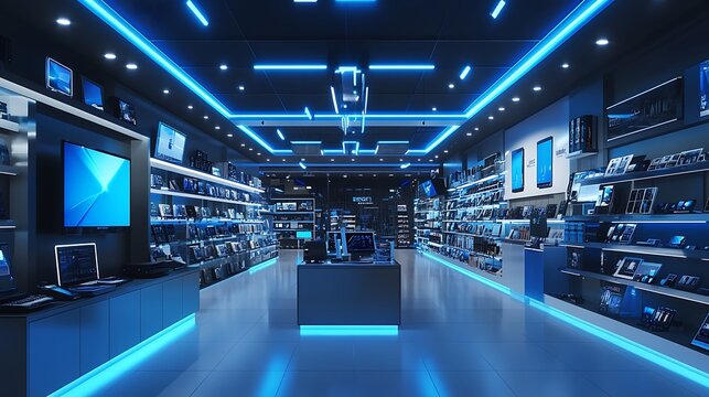 3D rendering of an electronic store interior with pink color, Computer store room background
