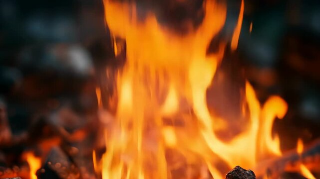A close-up view of a campfire burning brightly on a cool evening