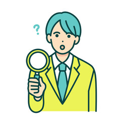 ルーペで何かを探す男子高生。疑問を調査する男の子のベクターイラスト素材。