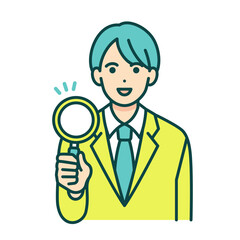 何かを発見した男子高生。虫眼鏡を持つ男の子のベクターイラスト素材。