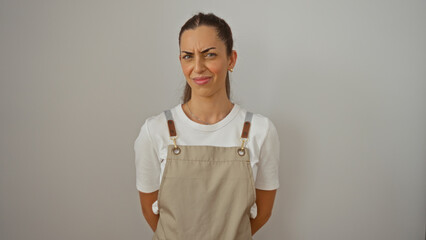 Woman expressing, perplexed emotion, wearing beige overalls, isolated on white background, young,...