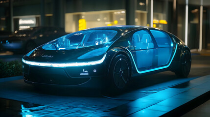 Futuristic Hydrogen Capsule Charging on High-Tech Urban Car in Metallic Shine