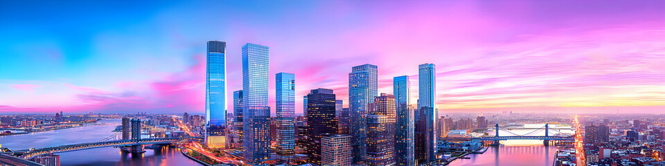 Fototapeta premium A city skyline with a purple sky in the background