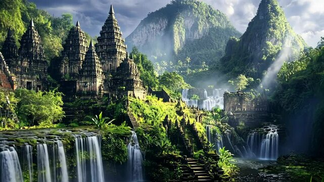 A majestic temple complex nestled in a lush valley, with cascading waterfalls and towering mountains in the background