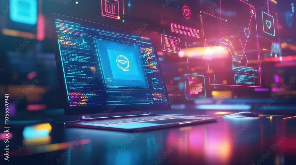 Poster Virtual classroom concept with computer and digital learning icons, vibrant colors, representing modern education technology