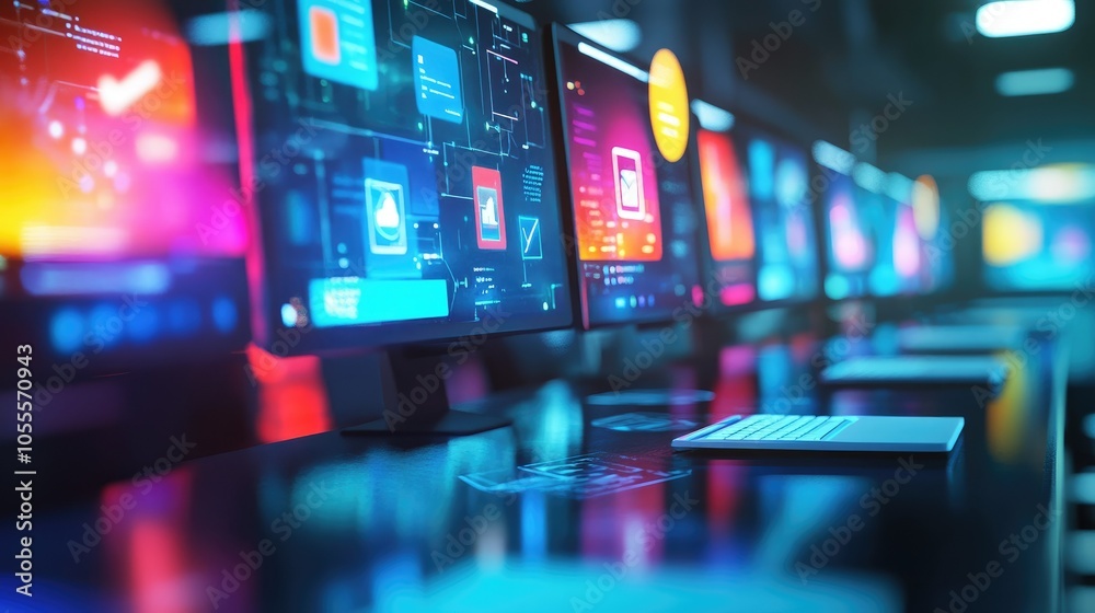 Poster Virtual classroom concept with computer and digital learning icons, vibrant colors, representing modern education technology