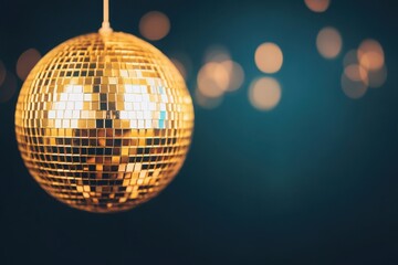 Obraz premium Bright and shimmering disco ball hanging against a blurred blue background, perfect for parties and celebrations.