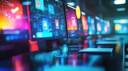 Virtual classroom concept with computer and digital learning icons, vibrant colors, representing modern education technology