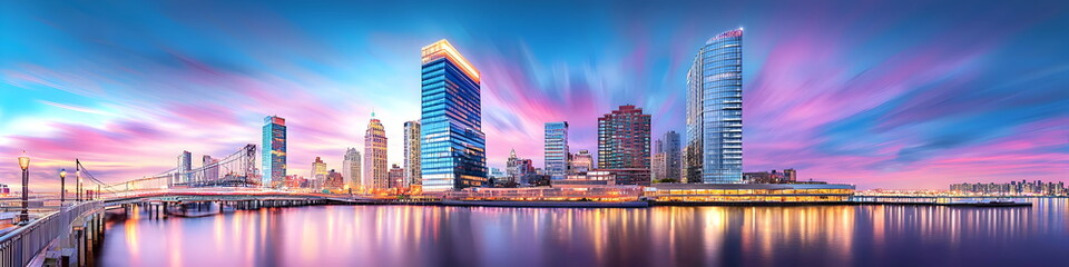 A city skyline with a river in the background