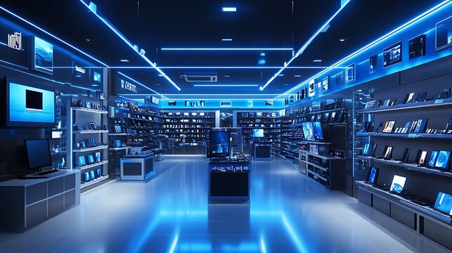 3D rendering of an electronic store interior with pink color, Computer store room background