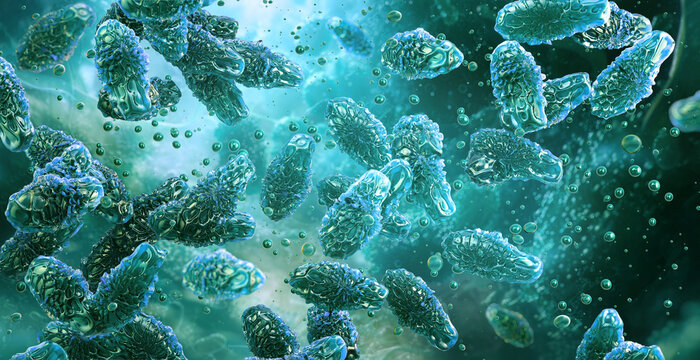 Clostridium botulinum bacterium. Spore-forming bacteria causing botulism disease. Clostridium botulinum bacteria colony 3D medical illustration. Botulinum toxin blocks nerve signals. Muscle paralysis.
