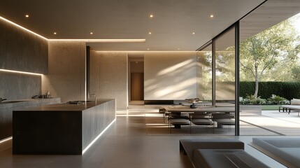 A modern, open-plan kitchen and dining space with sleek countertops, gentle lighting, and subtle, flowing lines in the design, evoking a sense of calm and unity in the space
