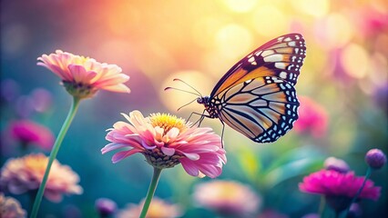 Vintage Butterfly on Flower in Soft Pastel Colors - Nature Photography