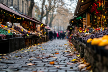 Fototapeta premium A street with a lot of people and a lot of fruit for sale