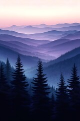 Fototapeta premium A breathtaking view of layered mountains at twilight, with dark silhouettes of evergreens in the foreground, showcasing beautiful purple and pink hues in the sky.