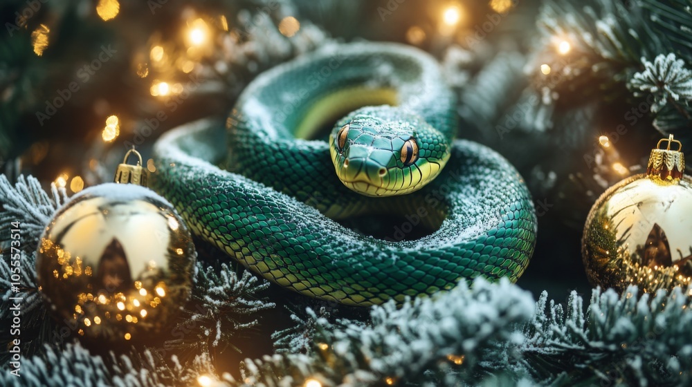 Poster a green snake is wrapped around a christmas tree branch. the snake has a light green underside and d
