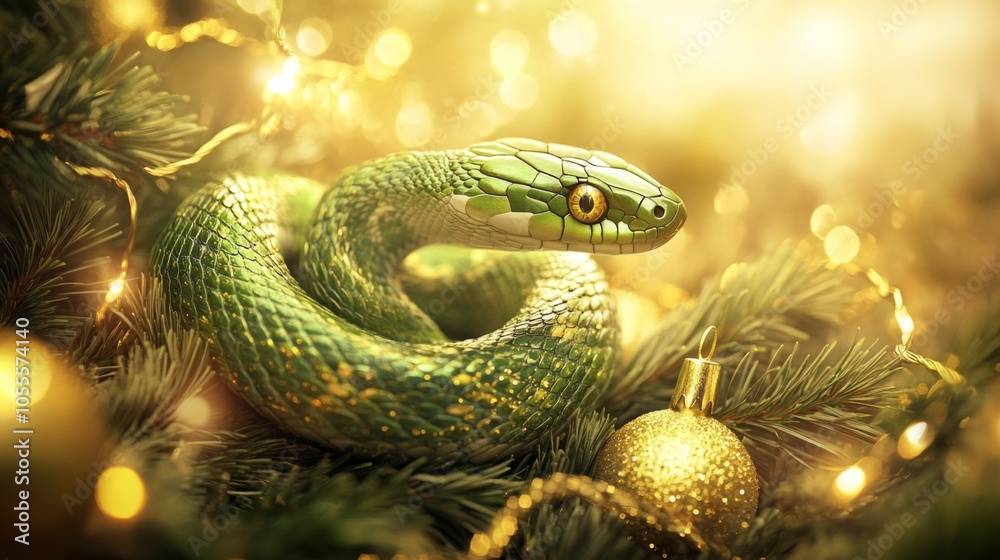 Poster a green snake with a yellow eye is coiled around a christmas tree with golden lights and ornaments. 