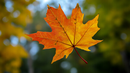 A vibrant maple leaf captured in mid-air, with its bright orange and yellow hues contrasting.