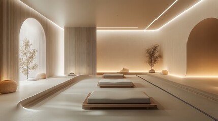 A peaceful meditation studio featuring soft ambient lighting, low benches, and rhythmic patterns on the walls, where the simplicity of the design enhances focus and mindfulness