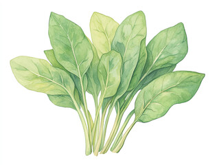 Fresh spinach leaves on white background are vibrant and healthy, perfect for salads or cooking. Their rich green color and smooth texture make them nutritious addition to any meal illustration style