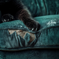 cat paw scratching sofa, torn sofa
