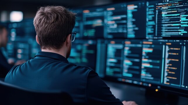 A focused individual analyzes data on multiple screens, surrounded by streams of code and digital information in a high-tech environment.