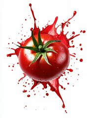 Fresh Tomato with Juice Splash on White Background