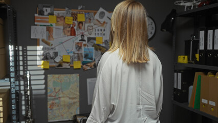 Back view of a blonde woman analyzing evidence board in a modern detective's office interior.