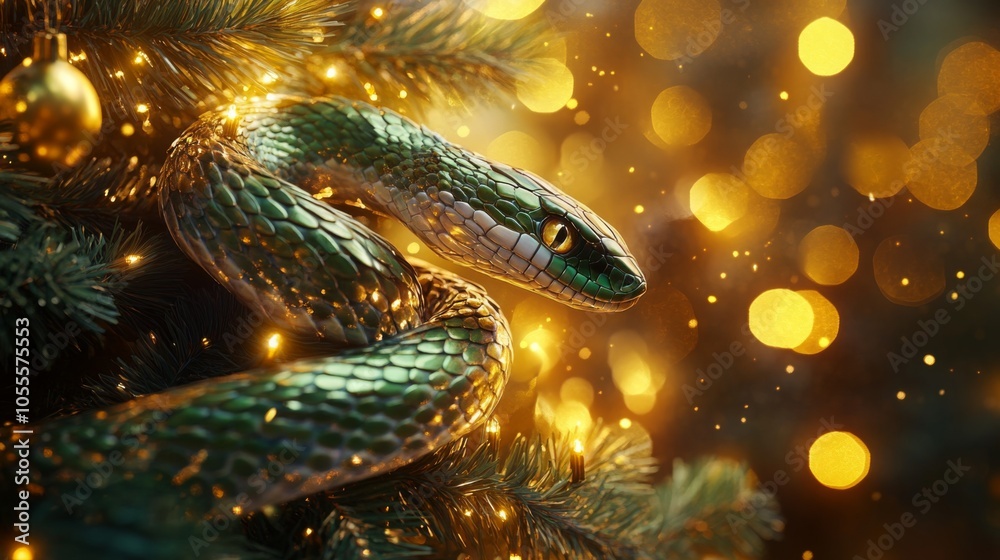 Poster a green snake with yellow eyes is wrapped around the branches of a pine tree. the snake is illuminat