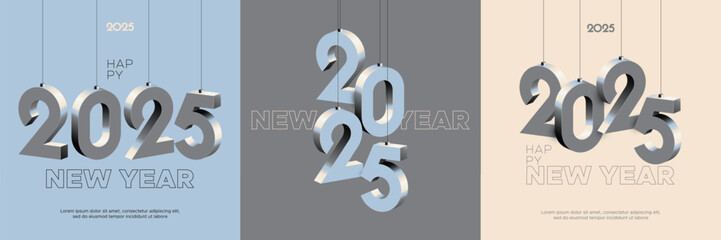 Concept of welcoming and celebrating new year 2025 with 3D hanging numbers on square template for calendar and social media post. Happy new year 2025