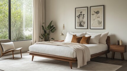 Fototapeta premium A refined bedroom with a focus on comfort and quality, featuring tailored linens, a sleek wooden bed frame, and subtle luxury elements like silk pillows