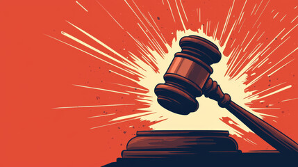 A gavel crashing onto scale symbolizes justice and authority, creating powerful visual impact. vibrant background enhances dramatic effect of scene