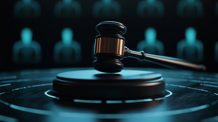A gavel in mid swing symbolizes justice and authority in courtroom setting, surrounded by abstract figures representing audience