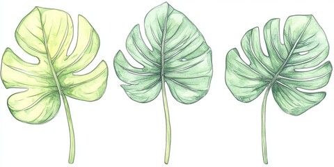 Fototapeta premium Watercolor illustration of tropical monstera leaves. Green foliage and botanical elements in hand art. Perfect for nature design, combines vibrant greenery with an artistic and decorative style.