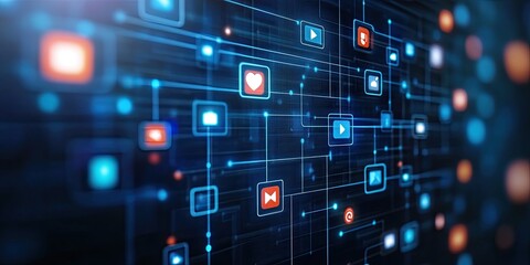 Fototapeta premium Futuristic network visual with digital icons. Online connectivity and multimedia technology intertwine. Modern web interface, abstract symbolism, suitable for tech platforms.