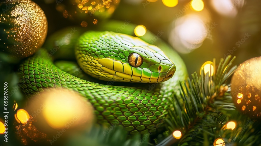Poster a green snake with yellow markings is coiled on the branches of a christmas tree. the snake's scales