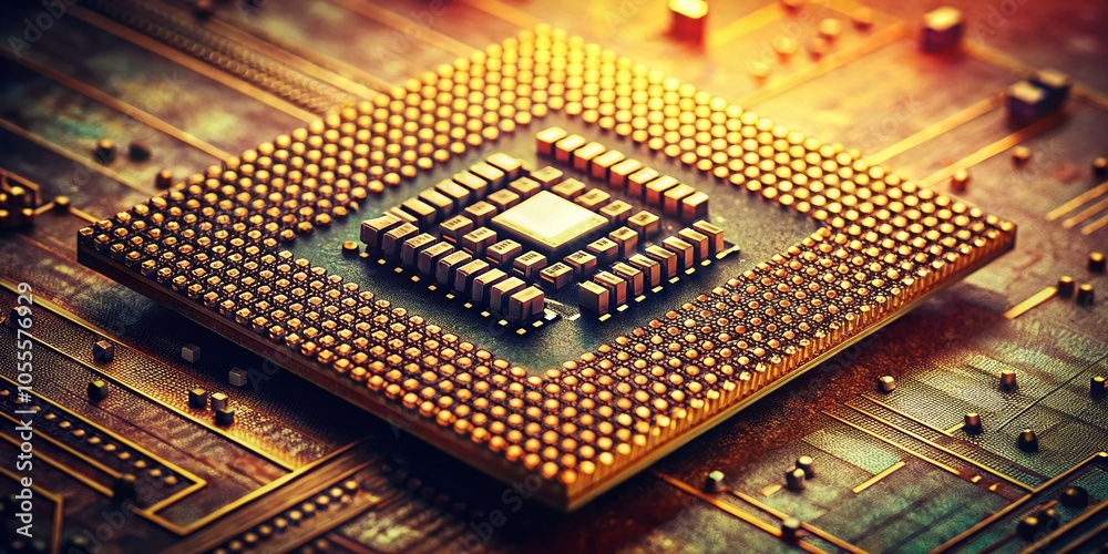 Poster vintage style die shot of cutting-edge cpu microarchitecture with high core count processor chip