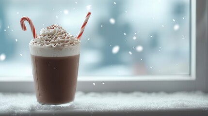 A cup of hot cocoa with whipped cream and a candy cane, set on a snowy windowsill, festive winter warmth