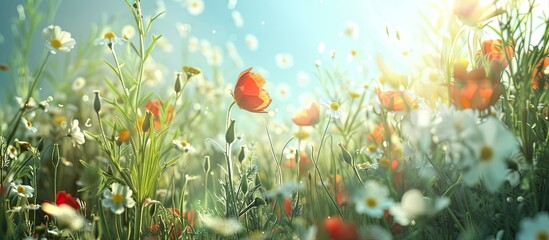 Fototapeta premium Bright charming wildflowers basking in sunlight with copy space image