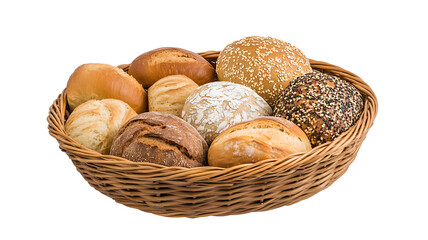 Variety of fresh bread loaves and rolls arranged in a basket, isolated on a white background. Ideal for bakery and food themes.
