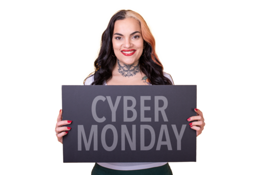 Beautiful woman holding a Cyber Monday sign over transparent background - Powered by Adobe