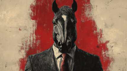 Surreal horse head businessman art with red background