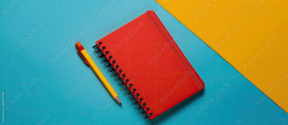 Poster top down view of vibrant stationery and notebook on a colored backdrop with copy space image