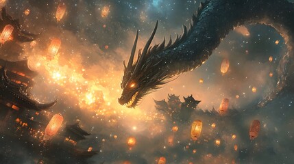 Black Dragon Soaring Through a Night Sky with Floating Lanterns and Ancient Asian Architecture