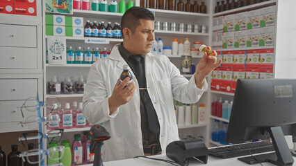 Hispanic pharmacist comparing medications in a modern drugstore