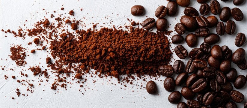 An aerial perspective of roasted coffee beans and ground coffee on a white surface with available copy space Displayed from above