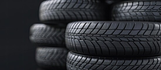 A stack of new car tires neatly arranged in a close up shot showcasing the visible tread with ample copy space image