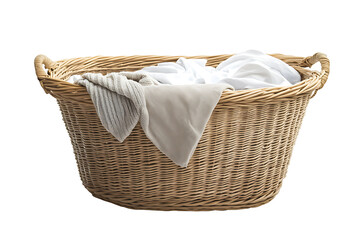 Wicker Laundry Basket with Clean Clothes Isolated on White
