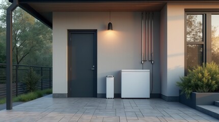 Concept Of A Home Battery Packs Alternative Electric Energy Storage System At Modern Home Garage Wall As Backup Or Sustainable Energy Concepts.